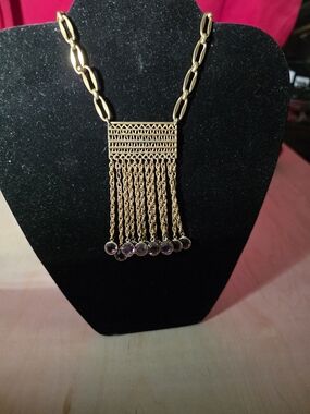 Gold-Tone Fringe Necklace with Purple Gem Accents